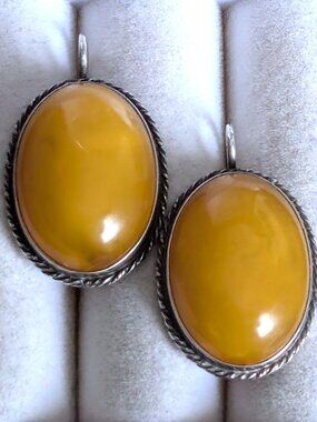 LARGE Vintage Baltic Butterscotch Egg Yolk Amber Sterling Silver Dangle EARRINGS